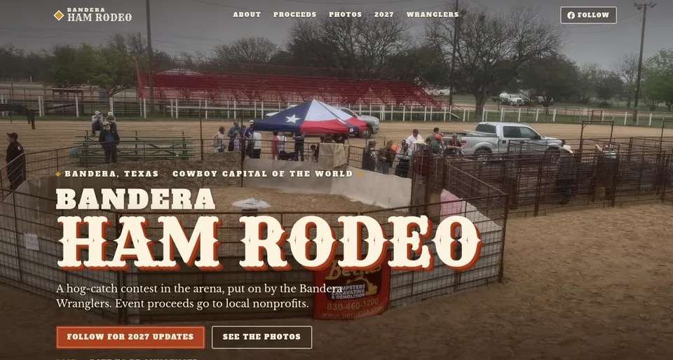 Bandera Ham Rodeo website by Center Point Labs, with an overhead photo of the hog-catch pen.
