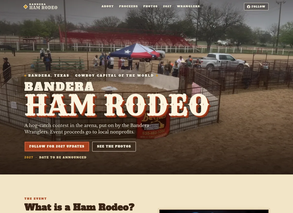 Bandera Ham Rodeo website hero: an overhead photo of the hog-catch pen with the title Bandera Ham Rodeo