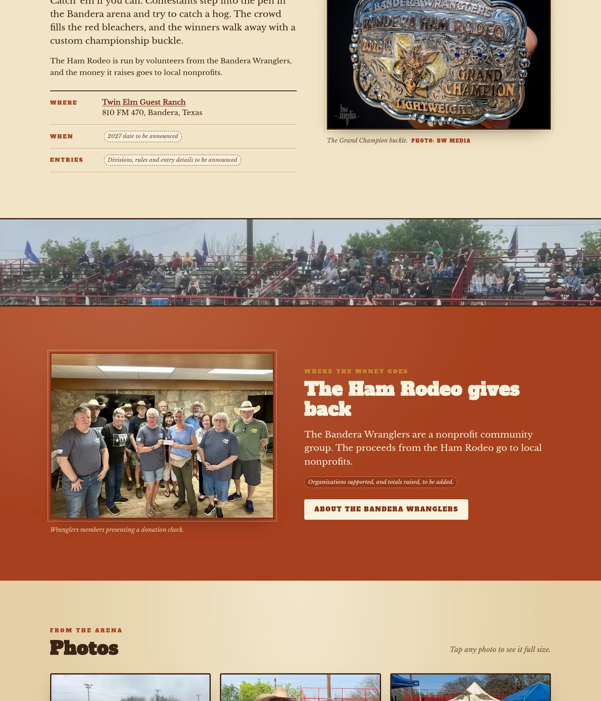 Bandera Ham Rodeo website sections: what a Ham Rodeo is, the packed bleachers, and where the proceeds go
