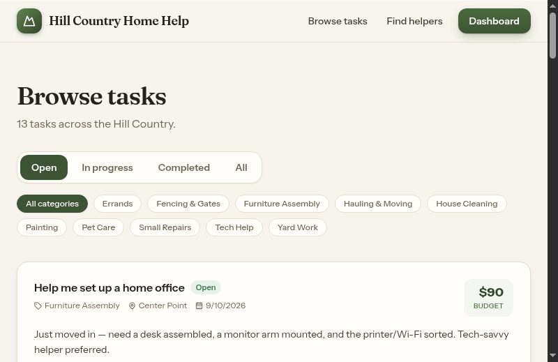 Browse tasks — a filterable feed of open local jobs with category, town, date, and budget.