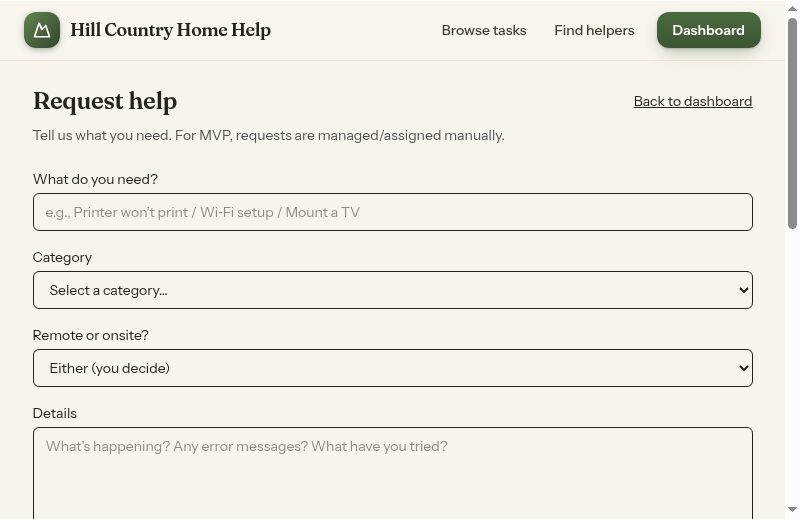 Request help — the post-a-task form with category, remote-or-onsite, and details.