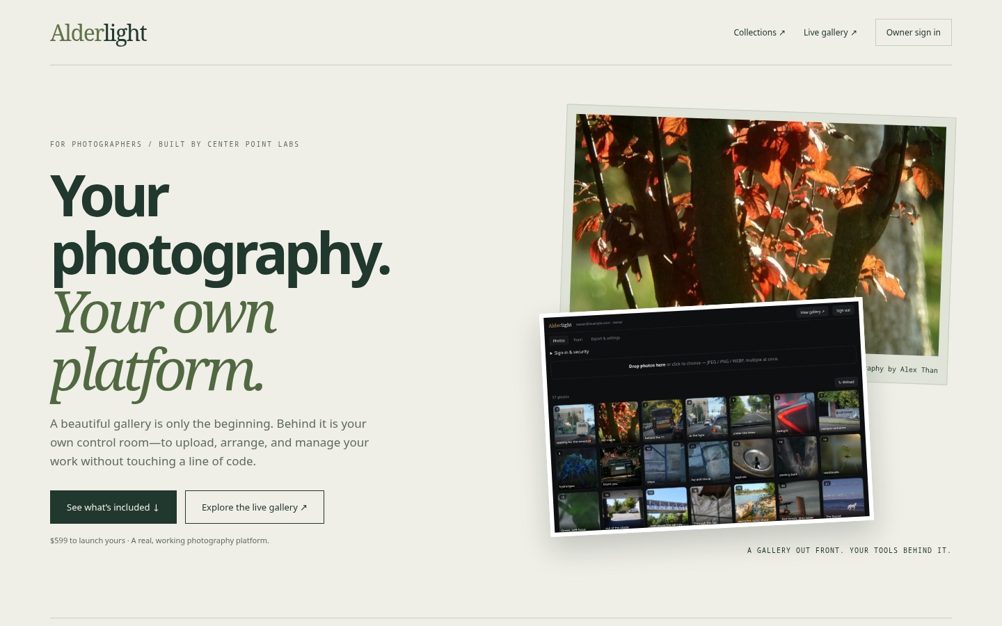 Alderlight photography platform — public gallery and owner photo-management tools