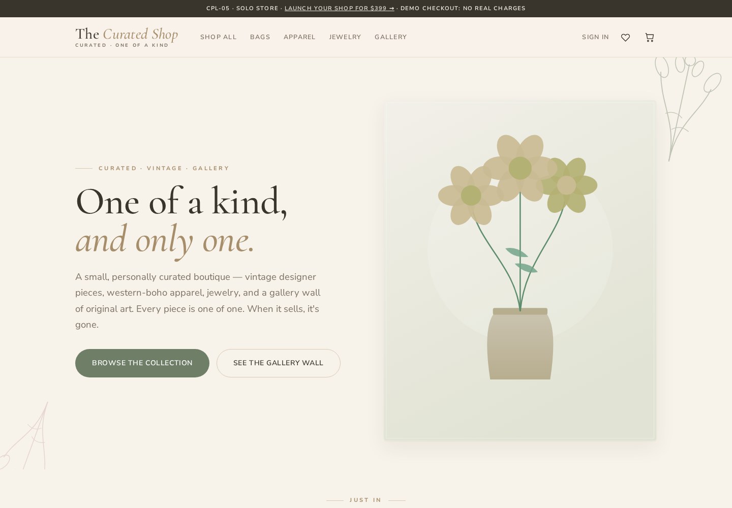 The Curated Shop — an elegant one-of-a-kind boutique, the Solo Store demo