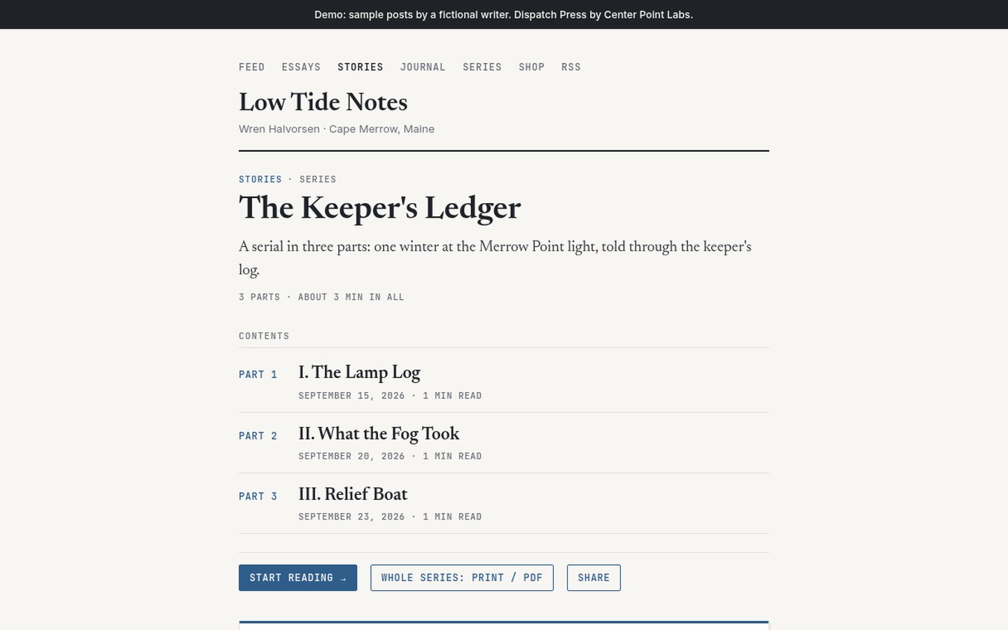 Low Tide Notes — a quiet serif publication showing The Keeper’s Ledger, a three-part series with its contents page and whole-series PDF
