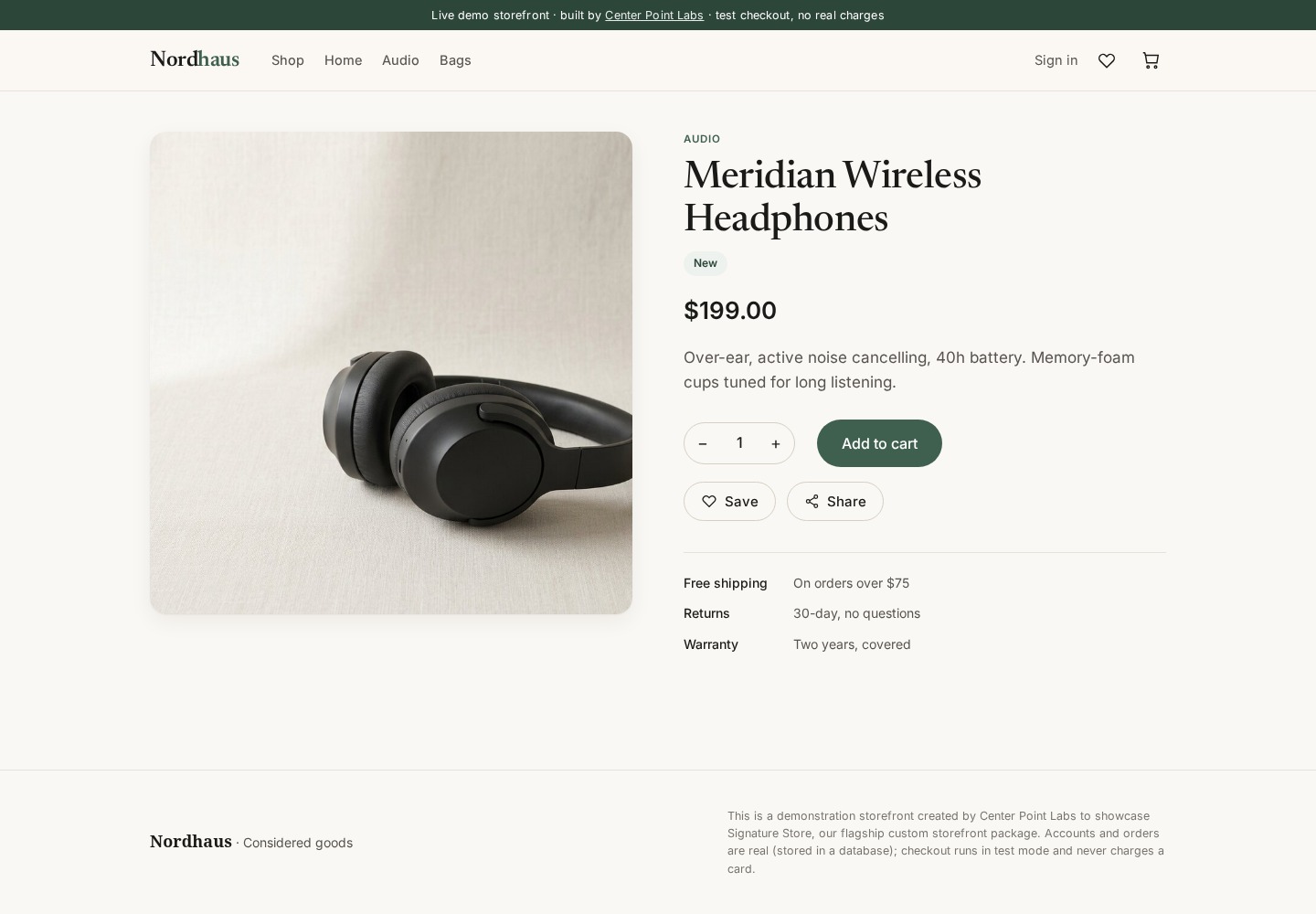 Nordhaus product detail — Meridian Wireless Headphones, pricing and add-to-cart controls