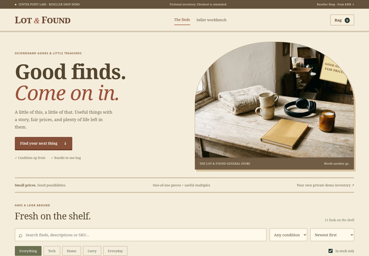 Lot and Found, the Reseller Shop demo, with secondhand finds and condition grades