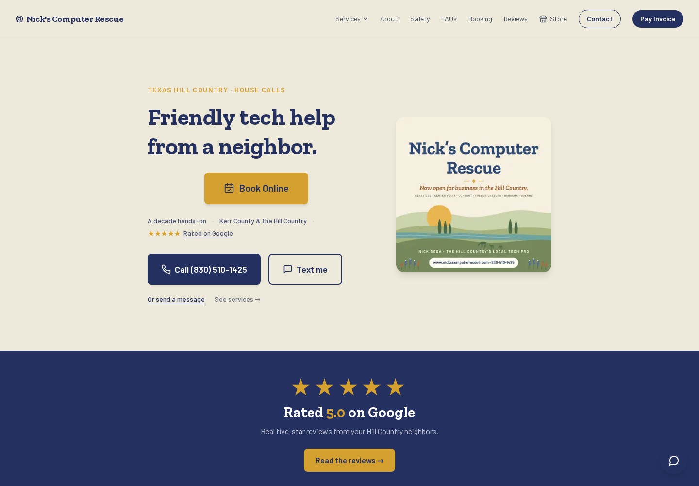 Nick’s Computer Rescue — navy-and-cream service-business website example