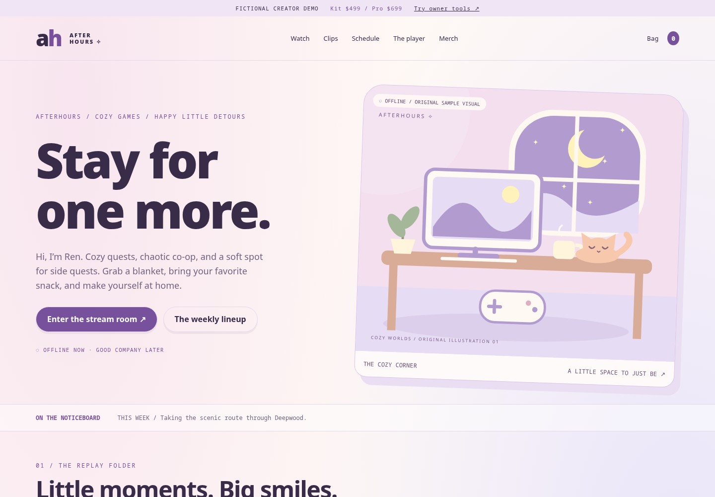 AFTERHOURS — cozy lavender streamer website with a sleepy-cat gaming nook