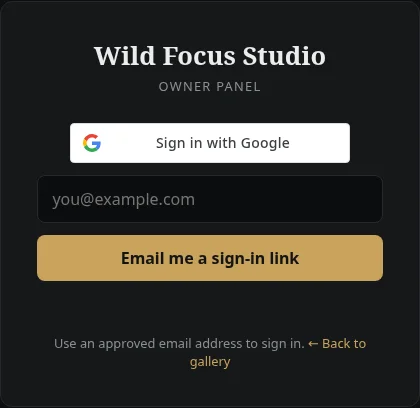 Wild Focus Studio sign-in window with Google and email login