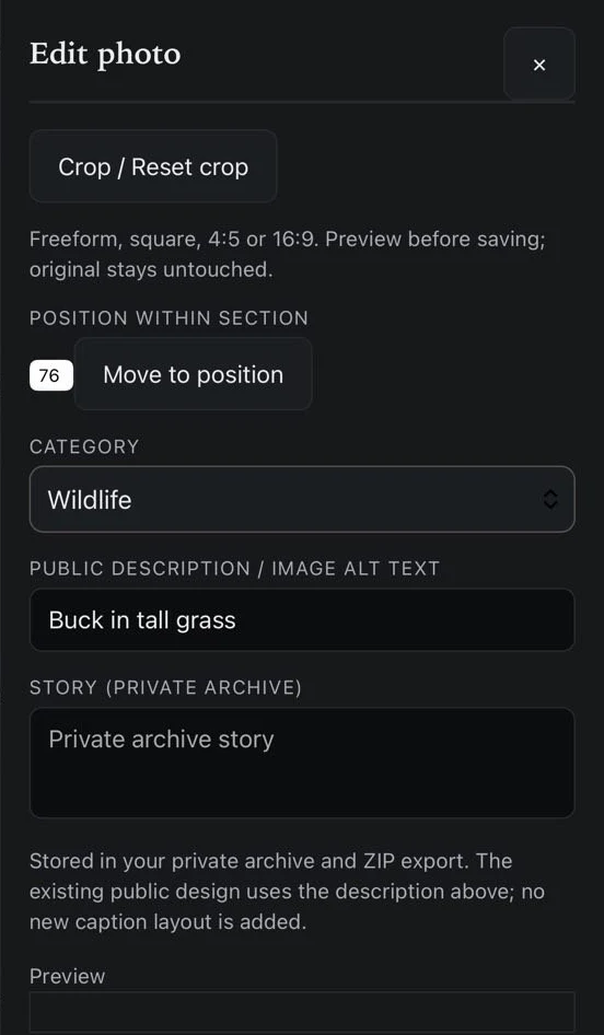 Wild Focus mobile photo editor with crop, position, category and description controls